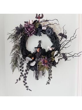 Wreath Flippers Handcrafted 14" Gothic Witch Halloween Wreath